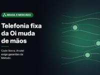 Ilustração gerada por computador (imagem ilustrativa, sem valor documental): linhas de conexão onduladas e nós luminosos em verde, sugerindo rede de telefonia, sem logos. À esquerda, selo Brasil e Mercado, título 'Telefonia fixa da Oi muda de mãos' e frase sobre Cade e Anatel.