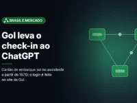 Ilustração gerada por computador (imagem ilustrativa, sem valor documental): em fundo escuro com brilho verde, três blocos ligados por linhas formando um triângulo, sugerindo a conexão entre conversa, autenticação e cartão de embarque. À esquerda, selo verde-escuro com símbolo de conexões e o texto 'Brasil e Mercado', o título 'Gol leva o check-in ao ChatGPT' e a frase 'Cartão de embarque sai no assistente a partir de 19/10; o login é feito no site da Gol.'