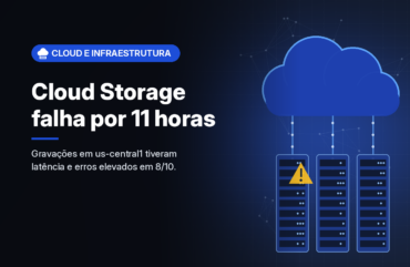 Ilustração gerada por computador (imagem ilustrativa, sem valor documental): nuvem azul estilizada ligada a racks de servidores, com um sinal de alerta âmbar, em fundo escuro com rede de pontos, ao lado do selo Cloud e Infraestrutura, do título 'Cloud Storage falha por 11 horas' e da frase 'Gravações em us-central1 tiveram latência e erros elevados em 8/10.'
