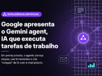 Ilustração gerada por computador (imagem ilustrativa, sem valor documental): em fundo escuro com brilho violeta, um nó central ligado a cinco nós menores, que se conectam por linhas tracejadas a ícones abstratos de documento, agenda, código, gráfico de barras e e-mail. À esquerda, selo violeta com símbolo de nós conectados e o texto 'Inteligência Artificial', o título 'Google apresenta o Gemini agent, IA que executa tarefas de trabalho' e a frase 'Em prévia privada, o agente planeja etapas, usa ferramentas e cria “colegas” de IA com e-mail próprio.' No canto inferior direito, a indicação 'Imagem ilustrativa'.