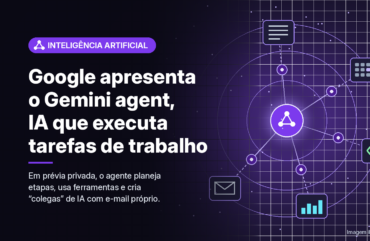 Ilustração gerada por computador (imagem ilustrativa, sem valor documental): em fundo escuro com brilho violeta, um nó central ligado a cinco nós menores, que se conectam por linhas tracejadas a ícones abstratos de documento, agenda, código, gráfico de barras e e-mail. À esquerda, selo violeta com símbolo de nós conectados e o texto 'Inteligência Artificial', o título 'Google apresenta o Gemini agent, IA que executa tarefas de trabalho' e a frase 'Em prévia privada, o agente planeja etapas, usa ferramentas e cria “colegas” de IA com e-mail próprio.' No canto inferior direito, a indicação 'Imagem ilustrativa'.