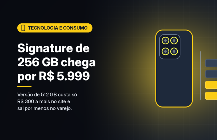 Ilustração gerada por computador (imagem ilustrativa, sem valor documental): celular genérico visto de trás com módulo de quatro câmeras e, ao lado, quatro blocos empilhados representando armazenamento, dois deles em amarelo, sem marcas, sobre fundo escuro com grade sutil. À esquerda, selo amarelo com ícone de dispositivo e o texto 'Tecnologia e Consumo' em preto, o título 'Signature de 256 GB chega por R$ 5.999' e a frase 'Versão de 512 GB custa só R$ 300 a mais no site e sai por menos no varejo.'