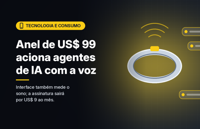 Ilustração gerada por computador (imagem ilustrativa, sem valor documental): anel metálico prateado com um pequeno detalhe amarelo, arcos de ondas de voz acima dele e três balões abstratos de tarefa, sem marcas, sobre fundo escuro com grade sutil. À esquerda, selo amarelo com ícone de dispositivo e o texto 'Tecnologia e Consumo' em preto, o título 'Anel de US$ 99 aciona agentes de IA com a voz' e a frase 'Interface também mede o sono; a assinatura sairá por US$ 9 ao mês.'