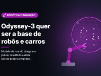 Ilustração gerada por computador (imagem ilustrativa, sem valor documental): globo em malha magenta com pontos luminosos ligado por arcos a um braço robótico estilizado, sem marcas, sobre fundo escuro com grade sutil. À esquerda, selo magenta com ícone de braço robótico e o texto 'Robótica e Inovação' em branco, o título 'Odyssey-3 quer ser a base de robôs e carros' e a frase 'Modelo de mundo chega em prévia; resultados ainda são da própria empresa.'