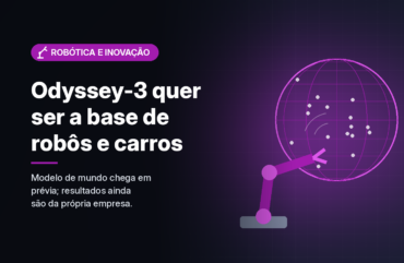 Ilustração gerada por computador (imagem ilustrativa, sem valor documental): globo em malha magenta com pontos luminosos ligado por arcos a um braço robótico estilizado, sem marcas, sobre fundo escuro com grade sutil. À esquerda, selo magenta com ícone de braço robótico e o texto 'Robótica e Inovação' em branco, o título 'Odyssey-3 quer ser a base de robôs e carros' e a frase 'Modelo de mundo chega em prévia; resultados ainda são da própria empresa.'