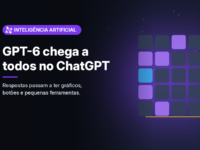 Ilustração gerada por computador (imagem ilustrativa, sem valor documental): em fundo escuro com brilho violeta, uma grade de blocos arredondados em tons de violeta, cinza e azul, sugerindo peças de interface. À esquerda, selo violeta com símbolo de nós conectados e o texto 'Inteligência Artificial', o título 'GPT-6 chega a todos no ChatGPT' e a frase 'Respostas passam a ter gráficos, botões e pequenas ferramentas.'