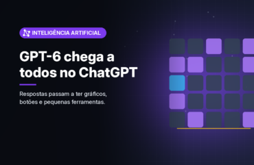 Ilustração gerada por computador (imagem ilustrativa, sem valor documental): em fundo escuro com brilho violeta, uma grade de blocos arredondados em tons de violeta, cinza e azul, sugerindo peças de interface. À esquerda, selo violeta com símbolo de nós conectados e o texto 'Inteligência Artificial', o título 'GPT-6 chega a todos no ChatGPT' e a frase 'Respostas passam a ter gráficos, botões e pequenas ferramentas.'