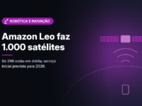 Ilustração gerada por computador (imagem ilustrativa, sem valor documental): em fundo escuro com brilho magenta, um satélite estilizado com painéis e órbitas ao redor. À esquerda, selo magenta com símbolo de braço robótico e o texto 'Robótica e Inovação', o título 'Amazon Leo faz 1.000 satélites' e a frase 'Só 396 estão em órbita; serviço inicial previsto para 2026.'