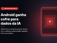 Ilustração gerada por computador (imagem ilustrativa, sem valor documental): em fundo escuro com brilho vermelho, a silhueta de um aparelho com quadrados concêntricos no centro, sugerindo um compartimento isolado dentro do sistema. À esquerda, selo vermelho com símbolo de escudo e o texto 'Cibersegurança', o título 'Android ganha cofre para dados da IA' e a frase 'AISeal isola o contexto pessoal mesmo com o sistema comprometido; agentes ficam para depois.'