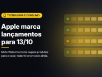 Ilustração gerada por computador (imagem ilustrativa, sem valor documental): em fundo escuro com brilho amarelo, painéis arredondados com pequenas luzes de status, sugerindo controles de uma casa conectada. À esquerda, selo amarelo com símbolo de dispositivo e o texto 'Tecnologia e Consumo', o título 'Apple marca lançamentos para 13/10' e a frase 'Mote Welcome home sugere produtos para a casa; nada foi anunciado ainda.'