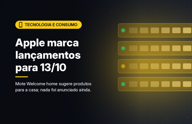 Ilustração gerada por computador (imagem ilustrativa, sem valor documental): em fundo escuro com brilho amarelo, painéis arredondados com pequenas luzes de status, sugerindo controles de uma casa conectada. À esquerda, selo amarelo com símbolo de dispositivo e o texto 'Tecnologia e Consumo', o título 'Apple marca lançamentos para 13/10' e a frase 'Mote Welcome home sugere produtos para a casa; nada foi anunciado ainda.'