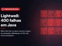 Ilustração gerada por computador (imagem ilustrativa, sem valor documental): em fundo escuro com brilho vermelho, uma grade de doze blocos que lembram pacotes de software, a maioria marcada com um sinal de confirmação e alguns com um traço diagonal. À esquerda, selo vermelho com símbolo de escudo e o texto 'Cibersegurança', o título 'Lightwell: 400 falhas em Java' e a frase 'IBM e Red Hat corrigem versões antigas em produção; bibliotecas e CVEs não foram divulgados.'
