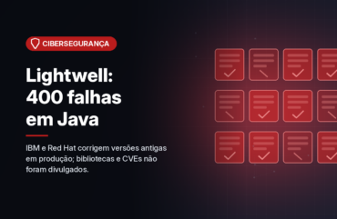 Ilustração gerada por computador (imagem ilustrativa, sem valor documental): em fundo escuro com brilho vermelho, uma grade de doze blocos que lembram pacotes de software, a maioria marcada com um sinal de confirmação e alguns com um traço diagonal. À esquerda, selo vermelho com símbolo de escudo e o texto 'Cibersegurança', o título 'Lightwell: 400 falhas em Java' e a frase 'IBM e Red Hat corrigem versões antigas em produção; bibliotecas e CVEs não foram divulgados.'