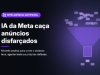 Ilustração gerada por computador (imagem ilustrativa, sem valor documental): em fundo escuro com brilho violeta, vários pequenos retângulos no alto entram num funil estilizado e poucos saem por baixo, com um sinal de bloqueio ao lado, sugerindo filtragem automática de anúncios. À esquerda, selo violeta com símbolo de nós conectados e o texto 'Inteligência Artificial', o título 'IA da Meta caça anúncios disfarçados' e a frase 'Modelo analisa para onde o anúncio leva; agente testa as próprias defesas.'