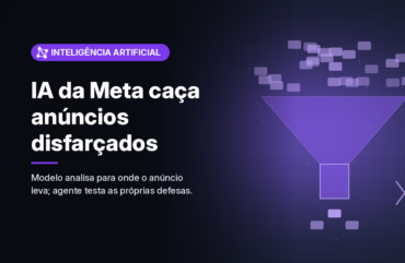 Ilustração gerada por computador (imagem ilustrativa, sem valor documental): em fundo escuro com brilho violeta, vários pequenos retângulos no alto entram num funil estilizado e poucos saem por baixo, com um sinal de bloqueio ao lado, sugerindo filtragem automática de anúncios. À esquerda, selo violeta com símbolo de nós conectados e o texto 'Inteligência Artificial', o título 'IA da Meta caça anúncios disfarçados' e a frase 'Modelo analisa para onde o anúncio leva; agente testa as próprias defesas.'