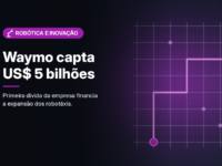 Ilustração gerada por computador (imagem ilustrativa, sem valor documental): em fundo escuro com brilho magenta, uma grade de ruas abstrata com um trajeto destacado entre dois marcadores. À esquerda, selo magenta com símbolo de braço robótico e o texto 'Robótica e Inovação', o título 'Waymo capta US$ 5 bilhões' e a frase 'Primeira dívida da empresa financia a expansão dos robotáxis.'