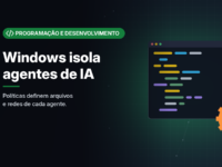 Ilustração gerada por computador (imagem ilustrativa, sem valor documental): em fundo escuro com brilho verde, uma janela de terminal com linhas de código abstratas e uma engrenagem. À esquerda, selo verde com símbolo de código e o texto 'Programação e Desenvolvimento', o título 'Windows isola agentes de IA' e a frase 'Políticas definem arquivos e redes de cada agente.'
