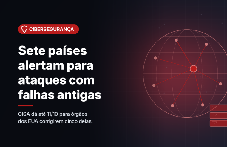Ilustração gerada por computador (imagem ilustrativa, sem valor documental): em fundo escuro com brilho vermelho, um globo em linhas com vários nós ligados a um ponto central e pequenos blocos que lembram caixas de e-mail. À esquerda, selo vermelho com símbolo de escudo e o texto 'Cibersegurança', o título 'Sete países alertam para ataques com falhas antigas' e a frase 'CISA dá até 11/10 para órgãos dos EUA corrigirem cinco delas.'