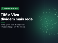 Ilustração gerada por computador (imagem ilustrativa, sem valor documental): em fundo escuro com brilho verde, pontos luminosos dispersos que lembram um mapa abstrato de localidades. À esquerda, selo verde-escuro com símbolo de conexões e o texto 'Brasil e Mercado', o título 'TIM e Vivo dividem mais rede' e a frase 'Anatel aprova parte da ampliação e veta consolidação em 407 cidades.'