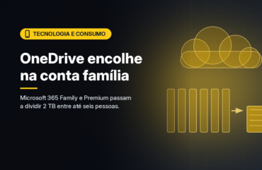 Ilustração gerada por computador (imagem ilustrativa, sem valor documental): em fundo escuro com brilho amarelo, uma nuvem estilizada acima de seis colunas de armazenamento e uma seta que aponta para um único bloco menor. À esquerda, selo amarelo com símbolo de dispositivo e o texto 'Tecnologia e Consumo', o título 'OneDrive encolhe na conta família' e a frase 'Microsoft 365 Family e Premium passam a dividir 2 TB entre até seis pessoas.'