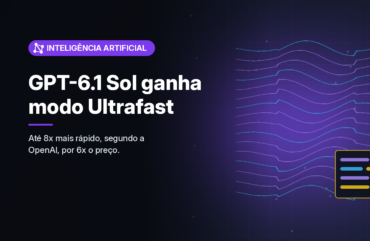 Ilustração gerada por computador (imagem ilustrativa, sem valor documental): em fundo escuro com brilho violeta, linhas de fluxo e nós luminosos que sugerem dados em alta velocidade. À esquerda, selo violeta com símbolo de nós conectados e o texto 'Inteligência Artificial', o título 'GPT-6.1 Sol ganha modo Ultrafast' e a frase 'Até 8x mais rápido, segundo a OpenAI, por 6x o preço.'
