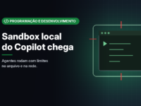 Ilustração gerada por computador (imagem ilustrativa, sem valor documental): janela de terminal verde dentro de uma caixa transparente com barreiras. À esquerda, selo verde com símbolo de código e o texto 'Programação e Desenvolvimento', o título 'Sandbox local do Copilot chega' e a frase 'Agentes rodam com limites no arquivo e na rede.'