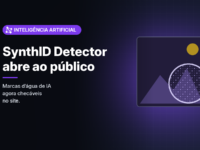 Ilustração gerada por computador (imagem ilustrativa, sem valor documental): imagem abstrata sob uma lupa que revela um padrão de pontos violeta. À esquerda, selo violeta com nós conectados e o texto 'Inteligência Artificial', o título 'SynthID Detector abre ao público' e a frase 'Marcas d’água de IA agora checáveis no site.'