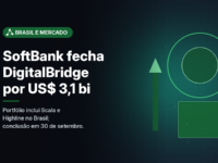 Ilustração gerada por computador (imagem ilustrativa, sem valor documental): globo esquemático ligado a torres e blocos de data center genéricos em verde-escuro. À esquerda, selo Brasil e Mercado, título sobre SoftBank e DigitalBridge e frase com o valor em dólares.