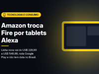 Ilustração gerada por computador (imagem ilustrativa, sem valor documental): silhueta genérica de tablet em amarelo, sem marcas, com blocos de interface e uma caneta ao lado, sobre fundo escuro com grade sutil. À esquerda, selo amarelo com ícone de dispositivo e o texto 'Tecnologia e Consumo' em preto, o título 'Amazon troca Fire por tablets Alexa' e a frase 'Linha nova vai de US$ 229,99 a US$ 549,99, roda Google Play e não tem data no Brasil.'