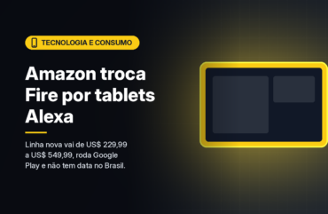 Ilustração gerada por computador (imagem ilustrativa, sem valor documental): silhueta genérica de tablet em amarelo, sem marcas, com blocos de interface e uma caneta ao lado, sobre fundo escuro com grade sutil. À esquerda, selo amarelo com ícone de dispositivo e o texto 'Tecnologia e Consumo' em preto, o título 'Amazon troca Fire por tablets Alexa' e a frase 'Linha nova vai de US$ 229,99 a US$ 549,99, roda Google Play e não tem data no Brasil.'