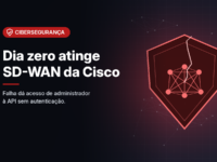 Ilustração gerada por computador (imagem ilustrativa, sem valor documental): escudo vermelho rachado com grafo de rede sobre fundo de pontos conectados, ao lado do selo Cibersegurança e do título 'Dia zero atinge SD-WAN da Cisco'.